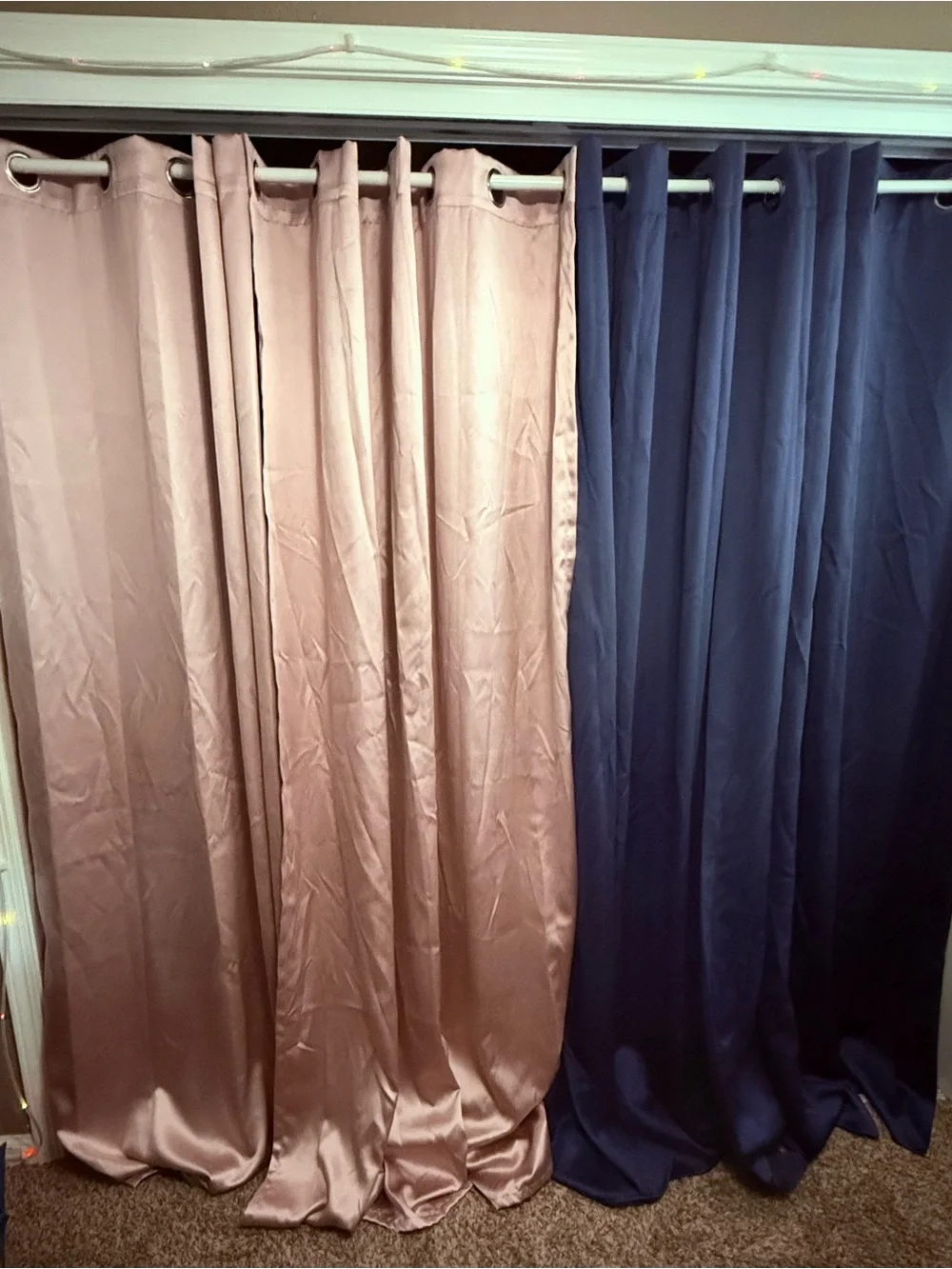 2 each Satin Curtain Panels - Blush Pink & Navy